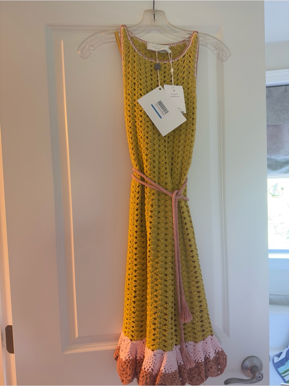 Zimmerman crocheted 🧶 Sleeveless Mini Dress in Mustard with Pink & Tan Trim - Picture 5 of 5